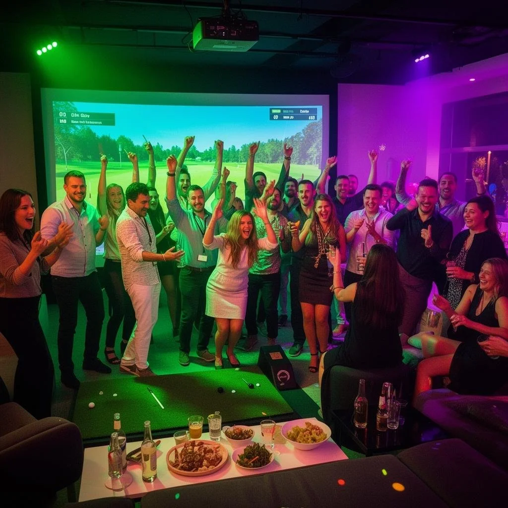 A group of people celebrating together in a dimly lit room with colorful lighting, standing in front of a large screen displaying a golf game. There are tables with food and drinks in the foreground.