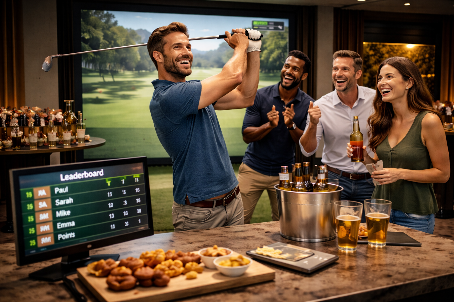 Group of friends celebrating at a golf-themed party indoors, with one man holding a golf club, others clapping and smiling, a leaderboard on a monitor, drinks, snacks, and a golf course background on a screen.