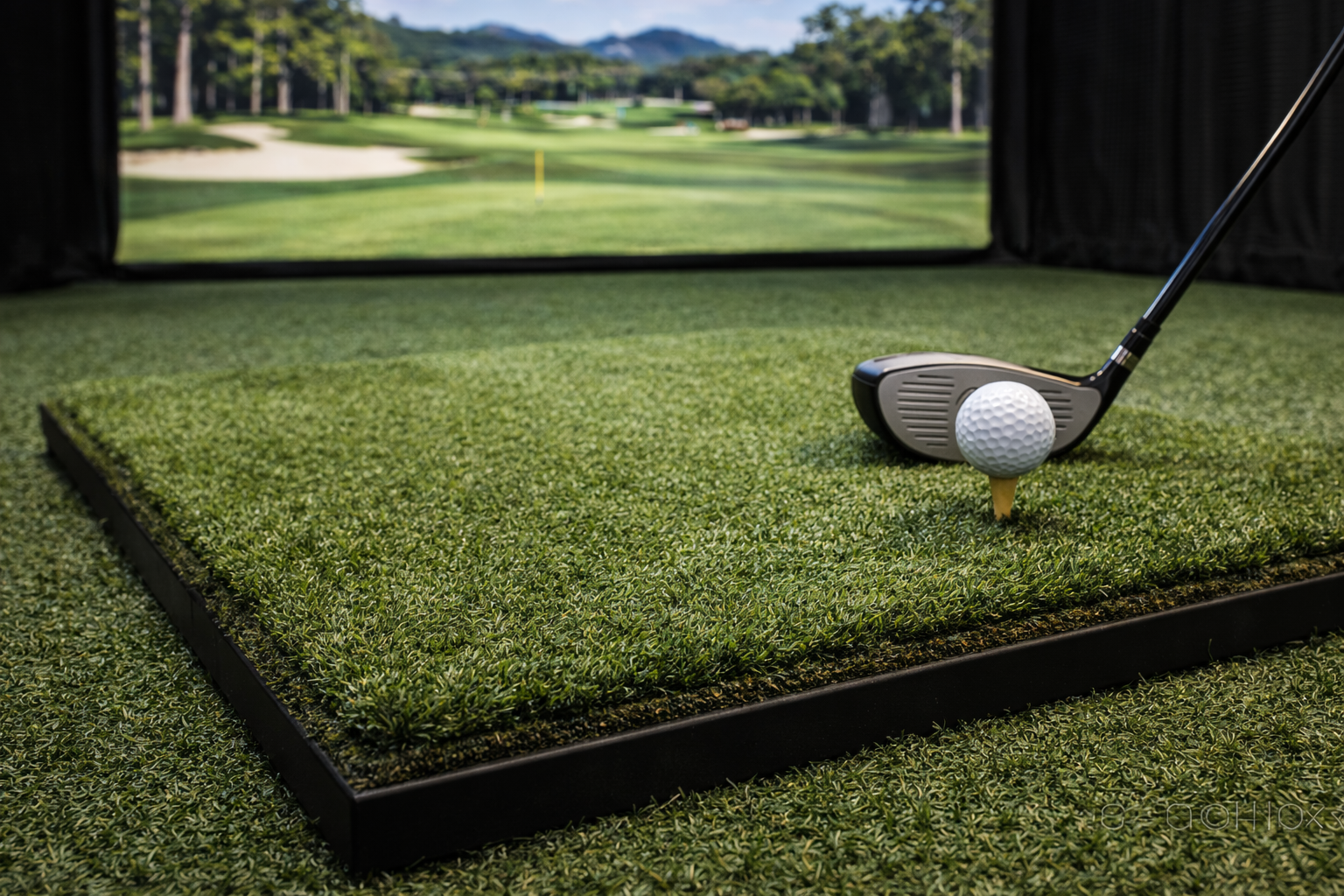 Golf simulator setup with artificial grass mat, golf ball on a tee, and a golf club, with a view of a golf course through the screen in the background.
