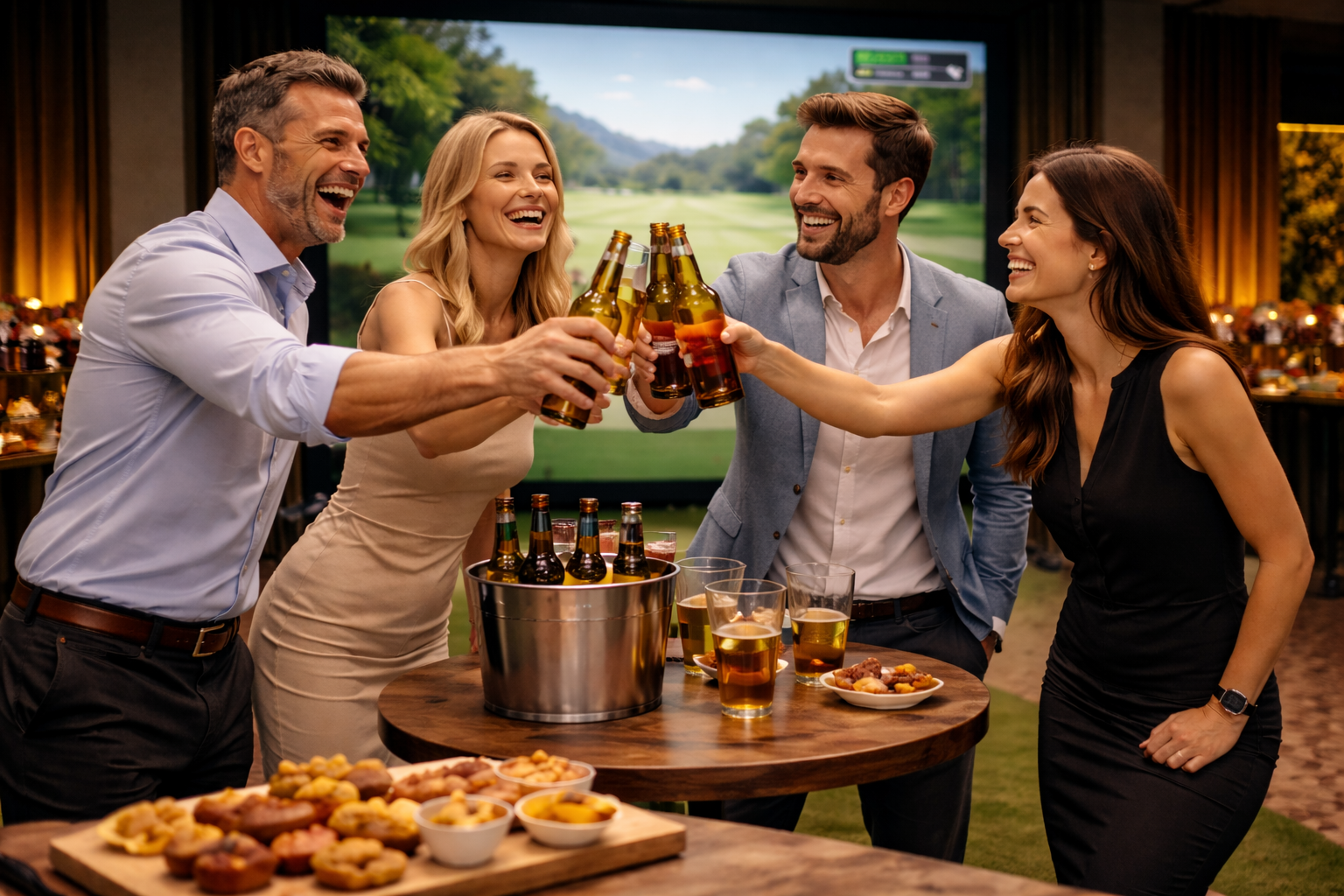 Five friends clinking beer bottles together and smiling at an indoor party with food and snacks on the table.