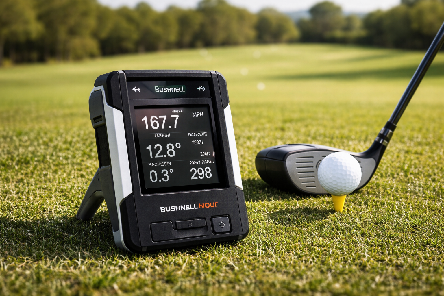 Golf launch monitor device on grass with golf club and golf ball in background