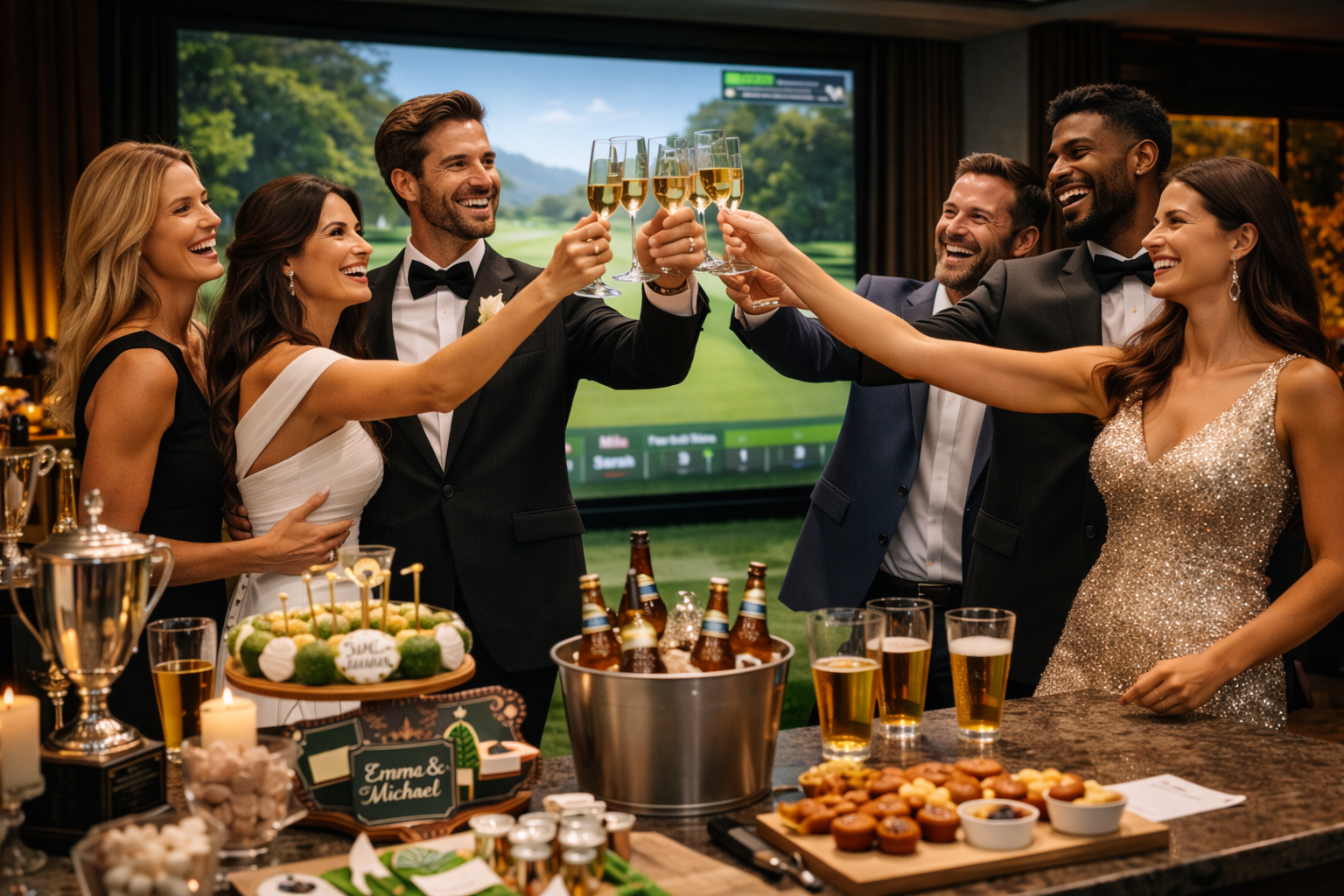 Celebrating wedding with friends raising glasses of champagne, bride in white dress, groom in tuxedo, group smiling in a decorated party room with treats and drinks on the table.