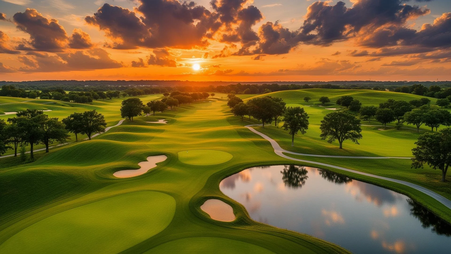 A scenic golf course at sunset with green rolling fairways, trees, sand bunkers, and a water hazard reflecting the sky.