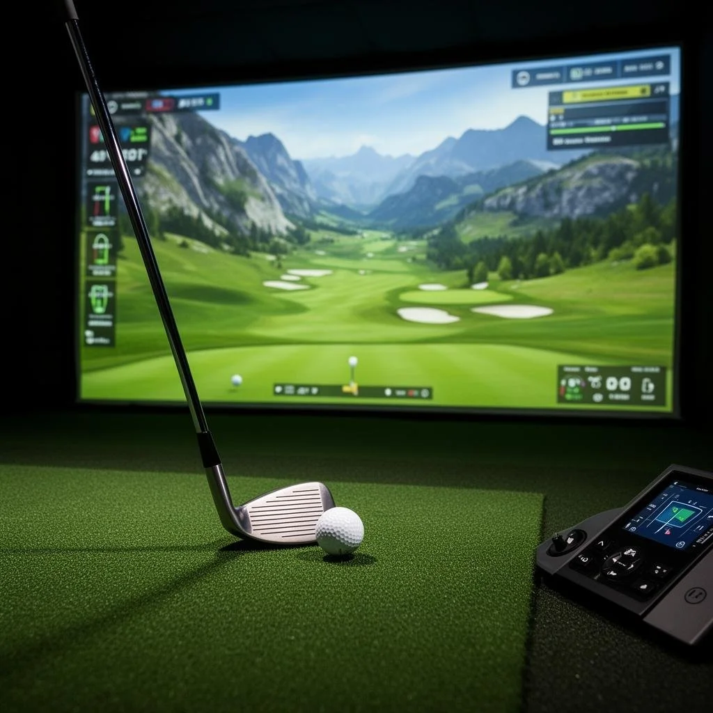 A golf simulation setup with a golf club and ball on a green mat, a screen displaying a digital golf course, and a remote control nearby.