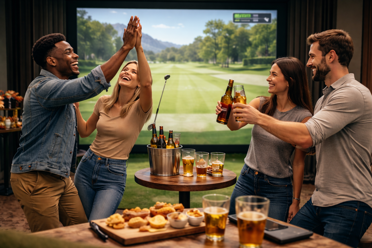 Group of four friends celebrating with drinks at a party, high-fiving each other in front of a large TV screen showing a golf course view.