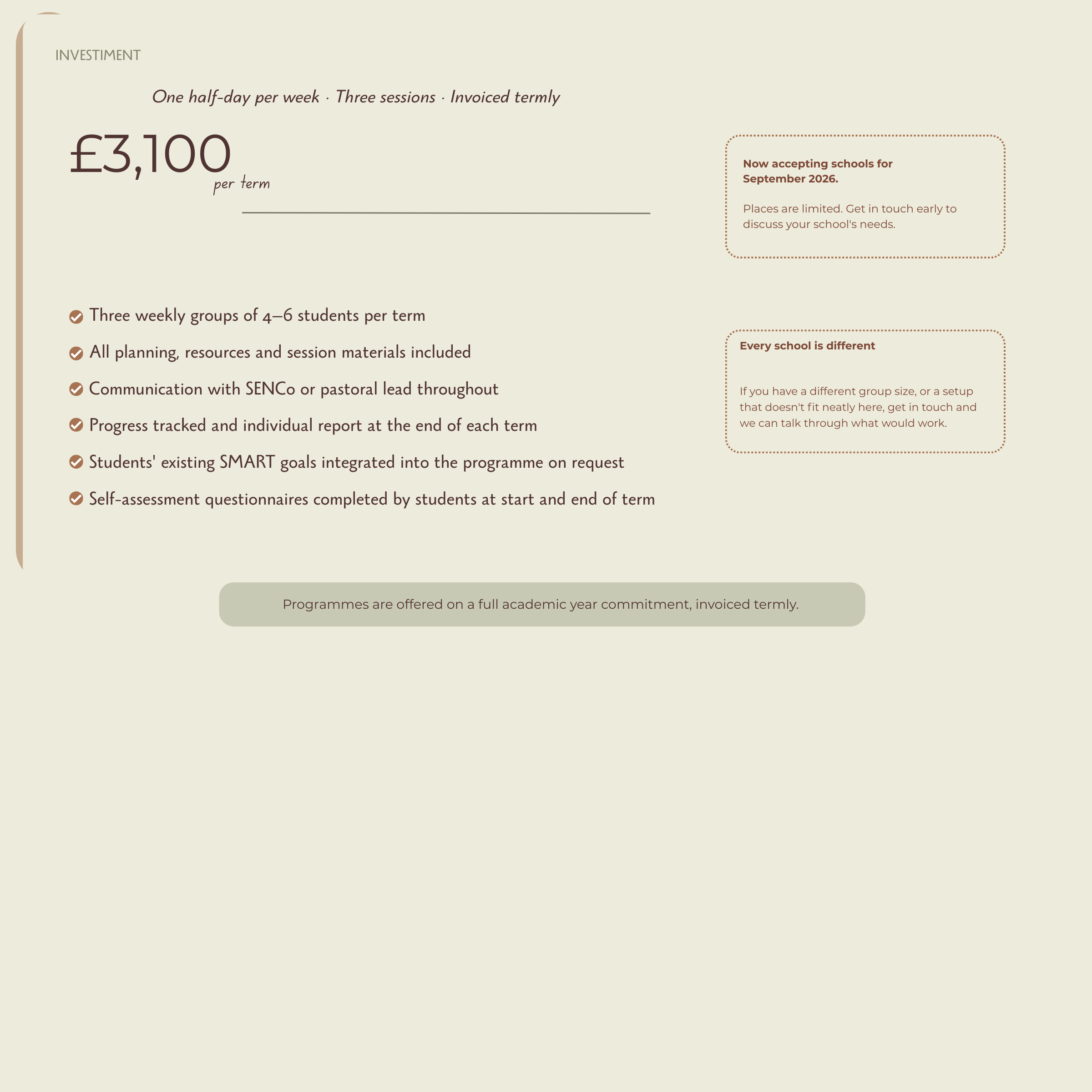 A promotional flyer for educational programs costing 3,100 pounds per term, featuring details about session frequency, inclusions, communication, progress tracking, and assessment. It mentions acceptance of schools for September 2026 and highlights customization options for different group sizes.
