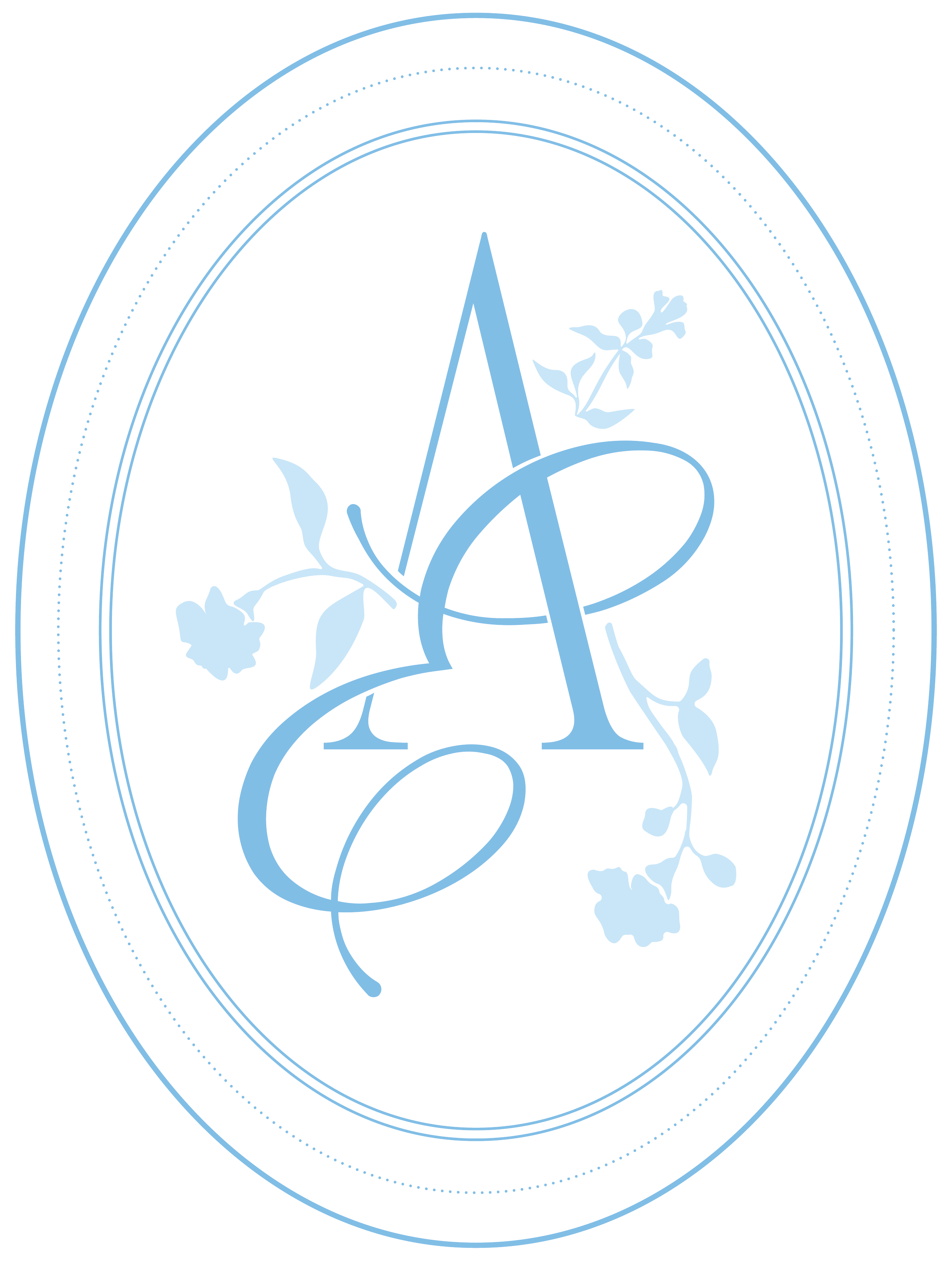 Decorative emblem with a large letter 'A' intertwined with floral and vine motifs, enclosed by concentric circles with dotted borders.