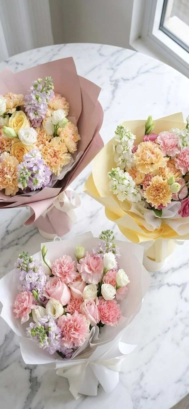 pastel-carnation-rose-stock-trio-wrapped-bouquets-marble-display.jpg
