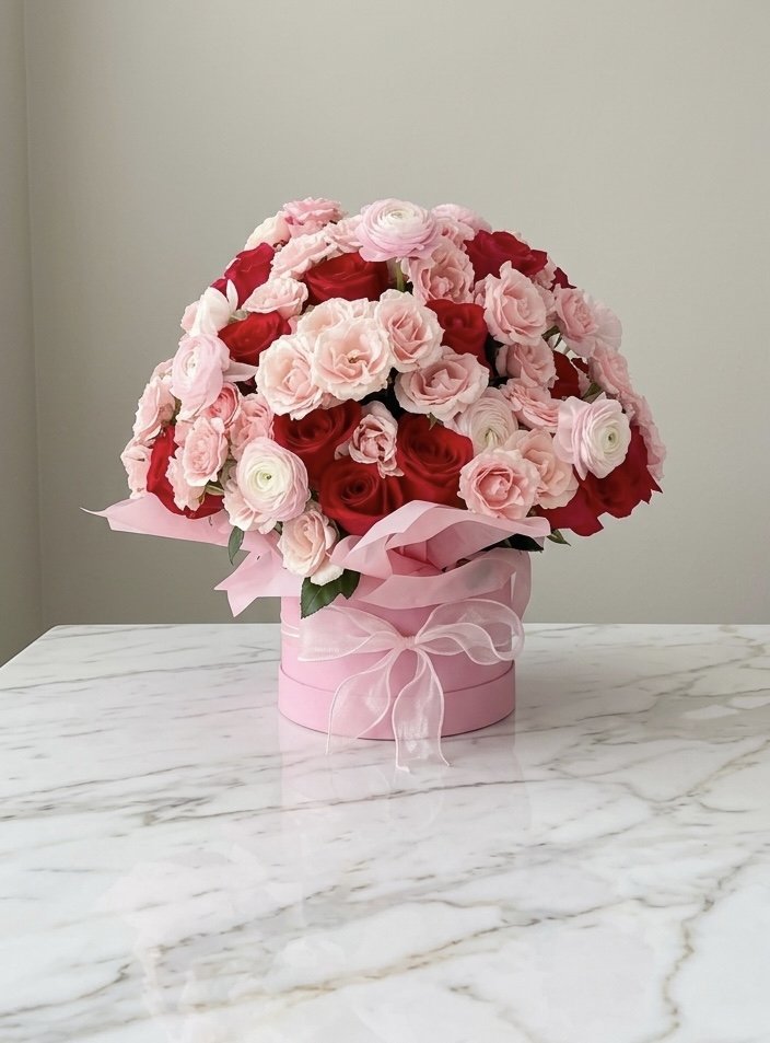 pink-red-rose-ranunculus-pink-hat-box-bow-arrangement.jpg