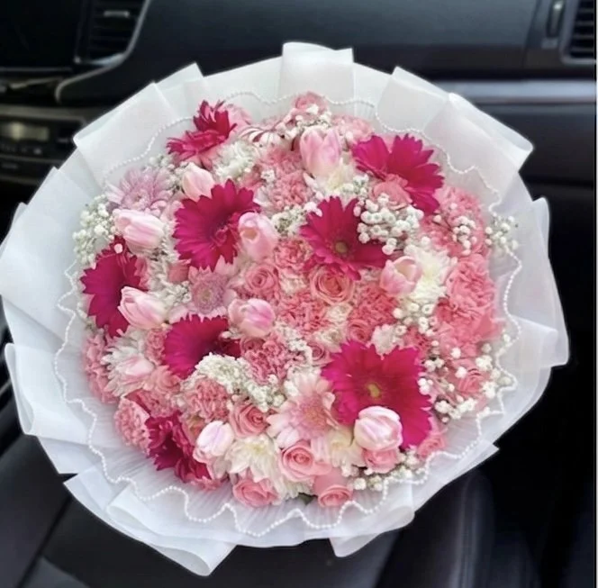 pink-magenta-gerbera-daisy-tulip-rose-large-pearl-wrapped-bouquet.jpg