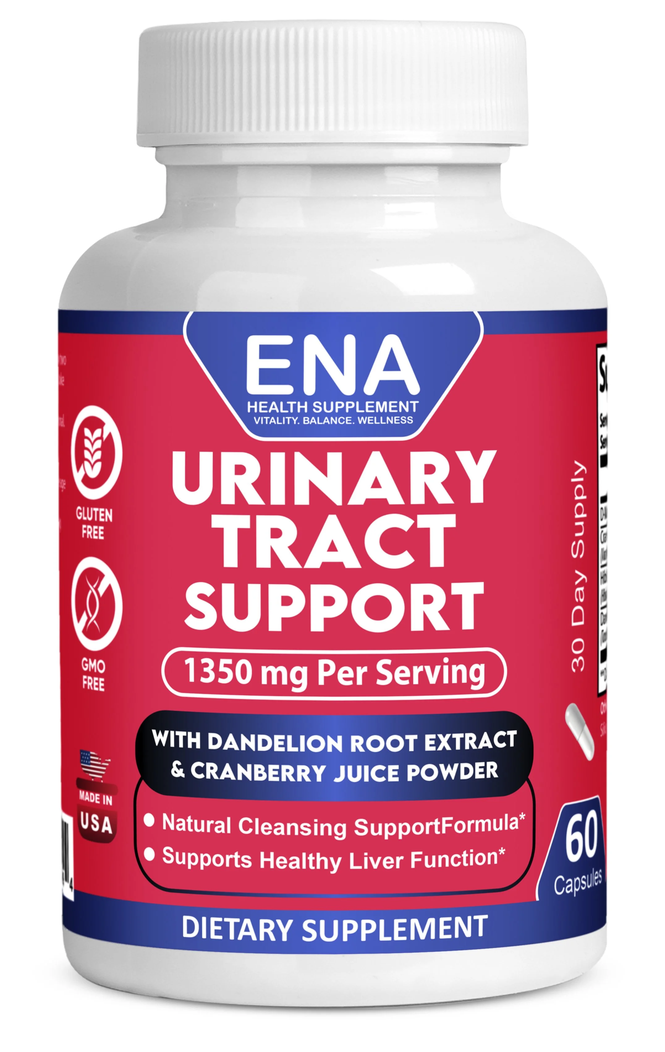 ENA Urinary Tract Support Supplement with D-Mannose, Cranberry Juice Powder, Hibiscus & Dandelion Root Extract | 1,350 mg Per Serving | Urinary Wellness & Daily Cleansing Support | 60ct