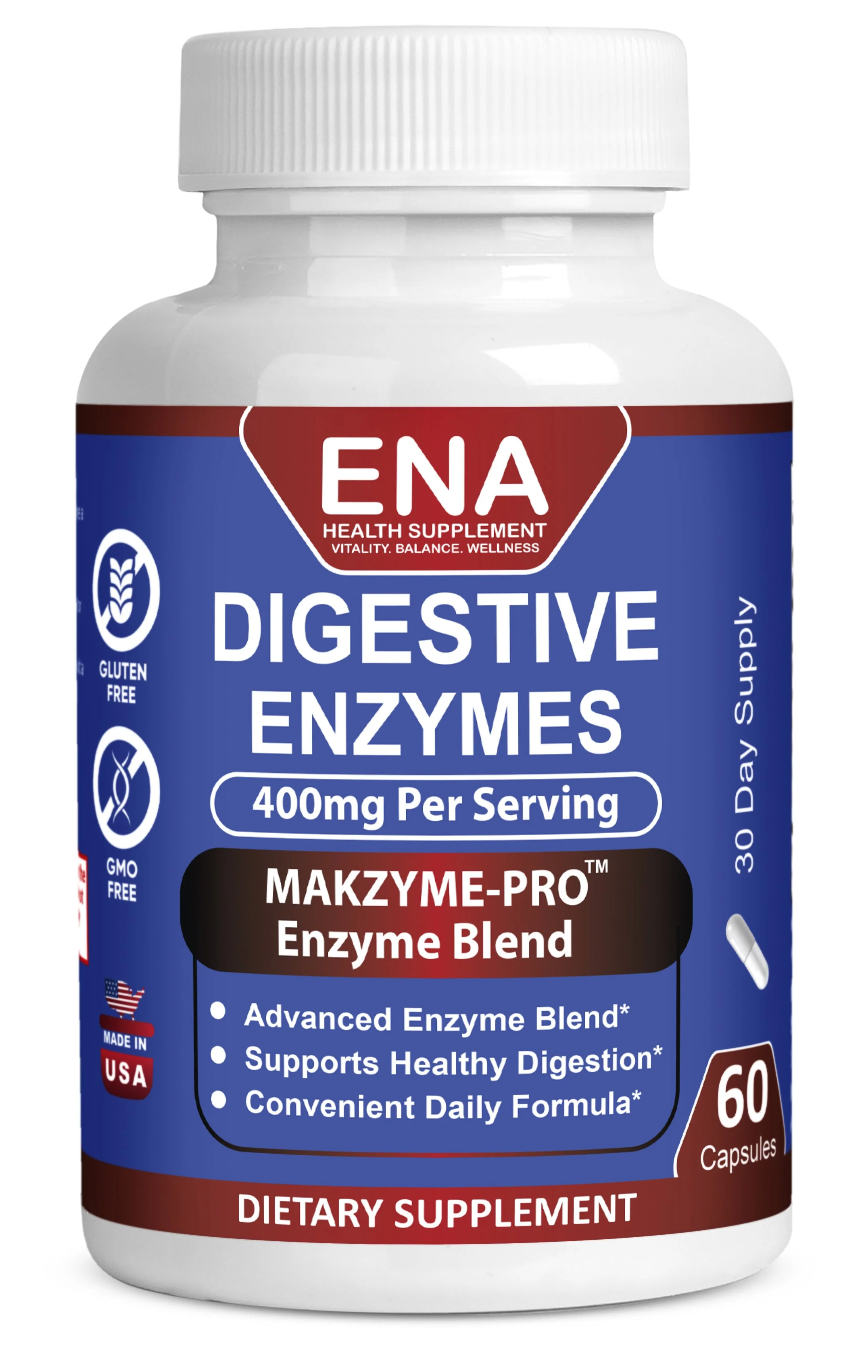 ENA Digestive Enzymes Supplement with MAKZYME-PRO™ Enzyme Blend | 400mg Per Serving | Advanced Digestive Enzyme Formula with Protease, Bromelain, Papain, Lactase & Probiotics | 60ct