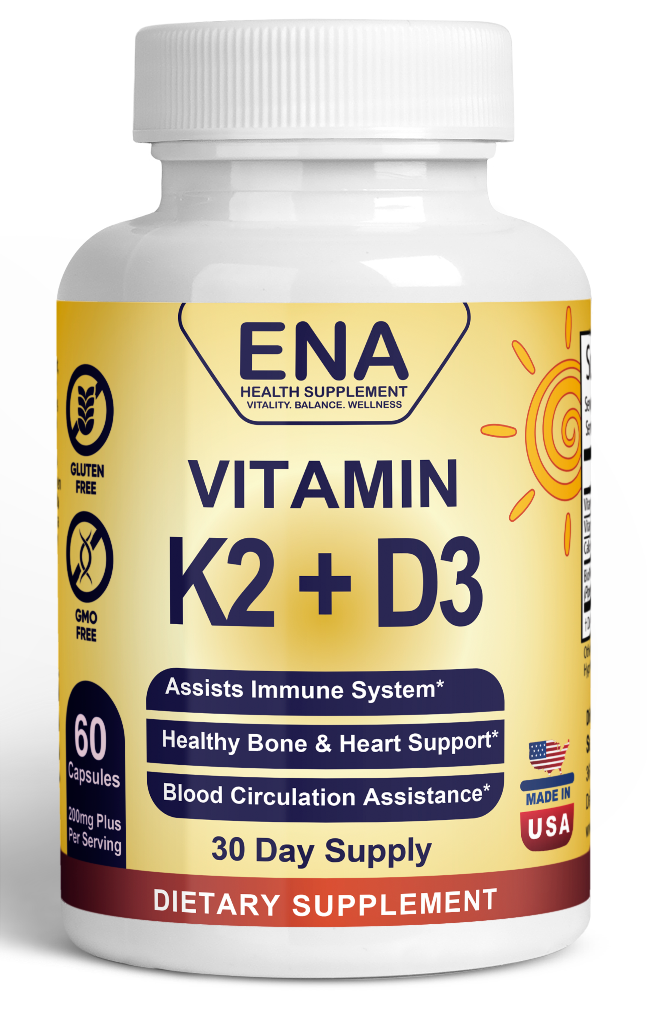 ENA Vitamin K2 + D3 Health Supplement - 60 Veggie Capsules