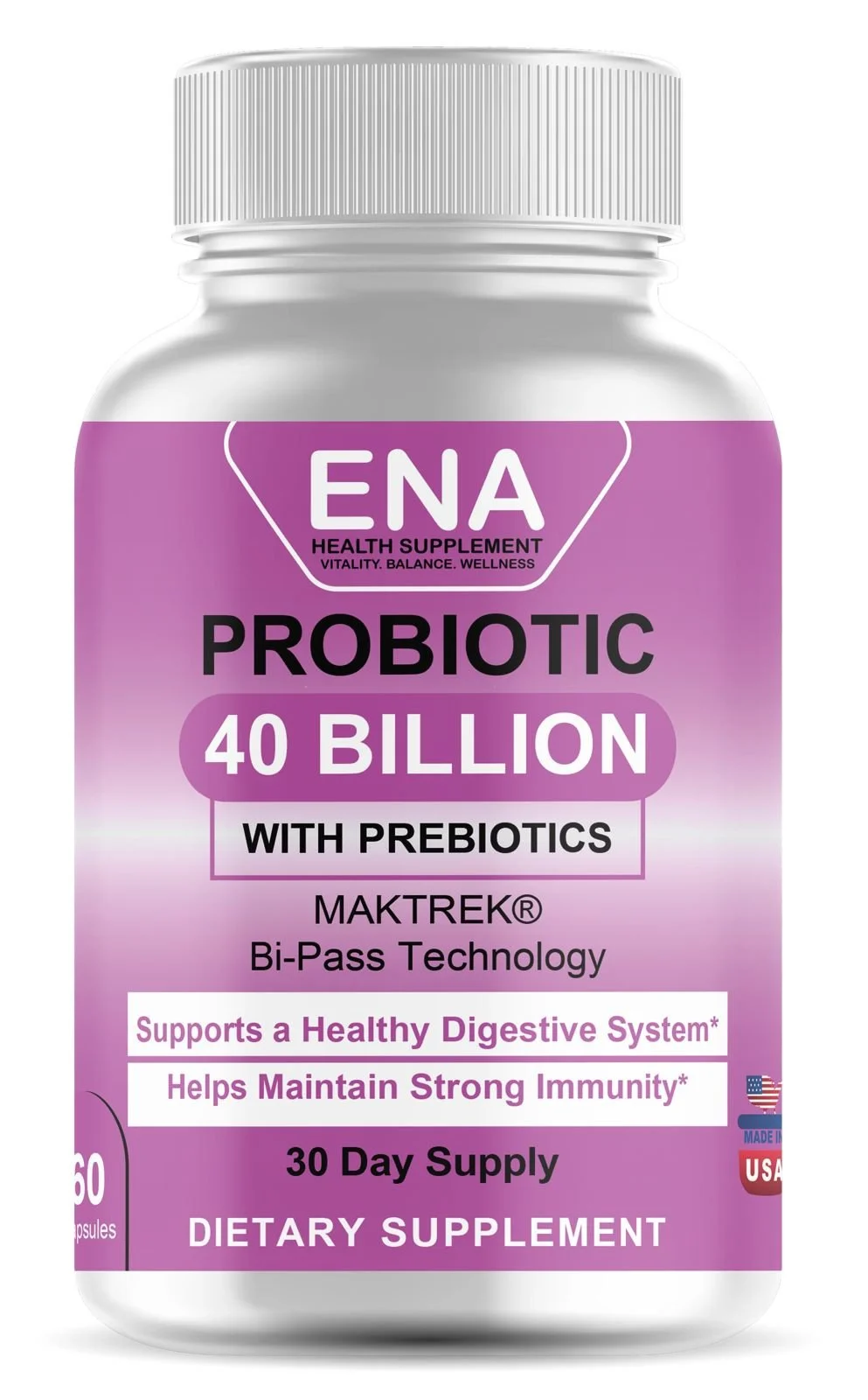 ENA Health Supplement Probiotic 40 Billion CFU with Prebiotics - MAKTREK® Bi-Pass Technology - Daily Digestive & Immune Support for Men & Women - 60 Vegetable Capsules (30-Day Supply)