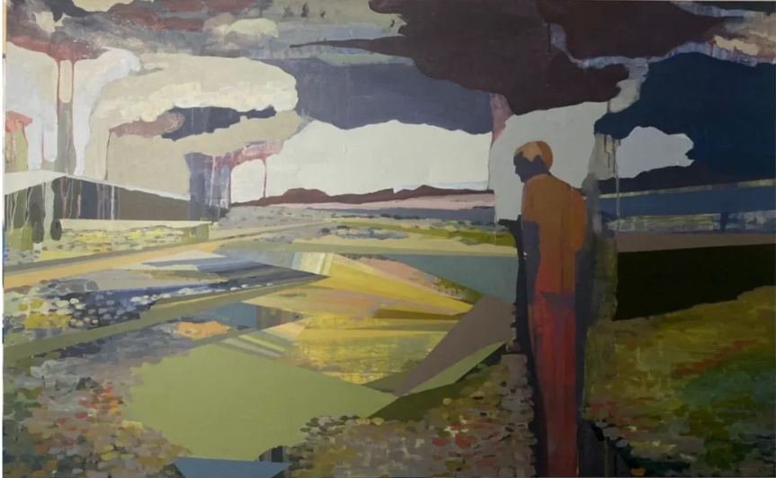 Abstract man looking over lake