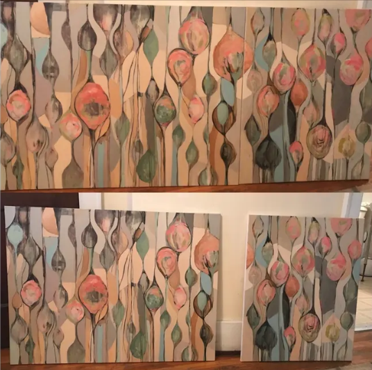 Two abstract paintings with elongated teardrop shapes in pink, peach, green, black, and gray tones arranged vertically with flowing lines.
