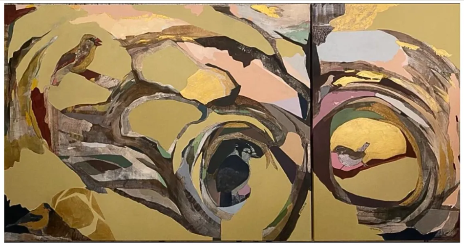 Abstract painting of two birds on tree branches with swirling circles in yellow, pink, brown, and black tones.