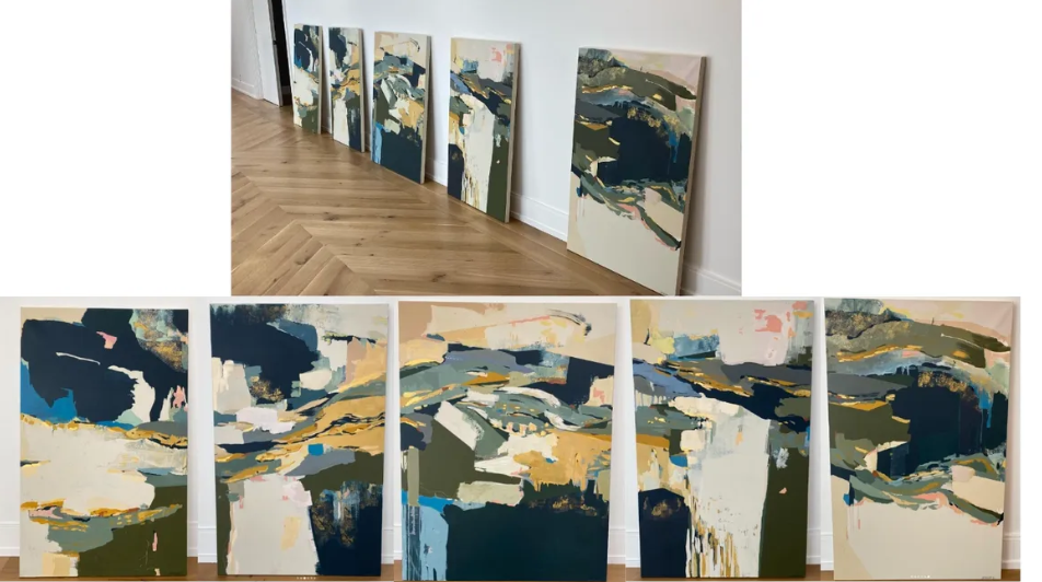 Set of six abstract landscape paintings with earthy tones, leaning against a white wall on a wooden floor.