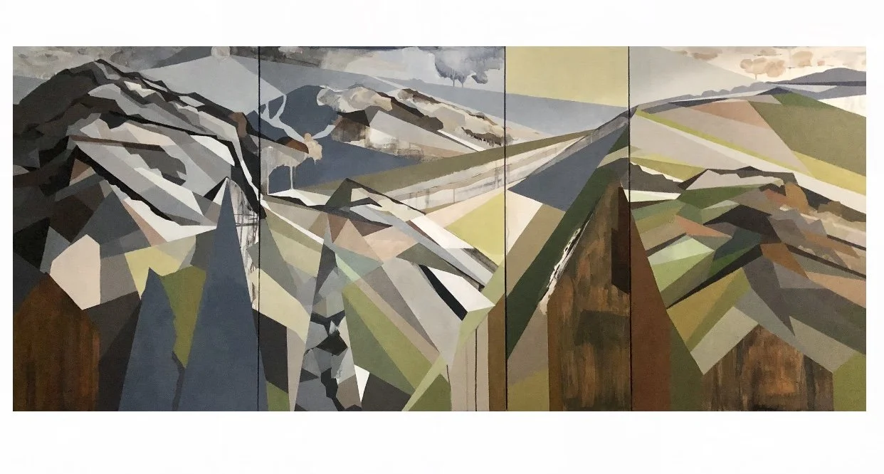 Abstract painting of mountain landscape with geometric shapes and earthy colors.
