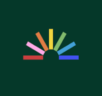 Colorful rainbow graphic with five arches on a dark green background