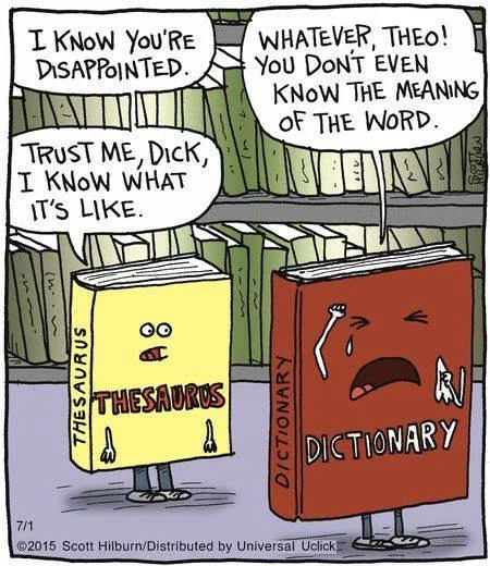 A cartoon scene set in a library with two anthropomorphic books, Thesaurus and Dictionary, engaging in a conversation. Thesaurus looks surprised, while Dictionary appears upset, with Thesaurus saying, "Trust me, Dick, I know what it's like," and Dict