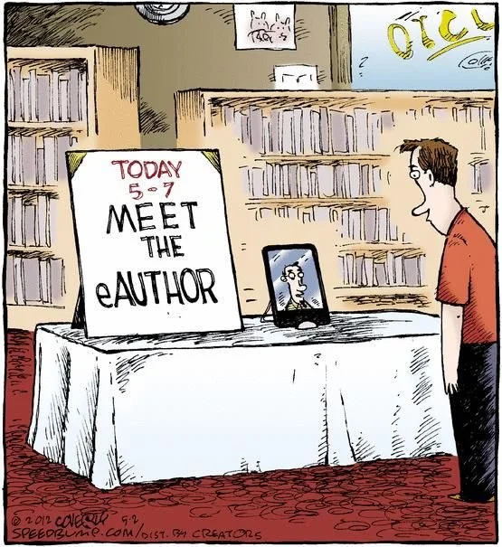 A man stands in a bookstore or library, looking at a table with a sign that says 'Today 5-7 Meet the Author.' There is a tablet on the table showing a video call with an author, and behind the table are bookshelves filled with books.