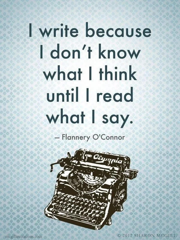 Quote: 'I write because I don't know what I think until I read what I say.' by Flannery O'Connor, with an illustration of a vintage typewriter below the text.