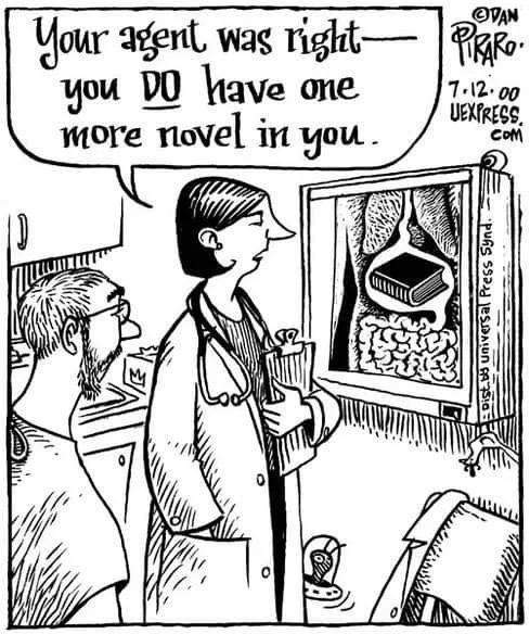 A doctor and a patient looking at a television screen displaying a brain scan and a book, with the doctor saying, "Your agent was right—you do have one more novel in you."