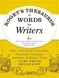 Cover of the book "Roget's Thesaurus of Words for Writers" featuring a yellow background and a white oval with the title and subtitle, and decorative illustrations of a quill, ink bottle, and a cityscape.