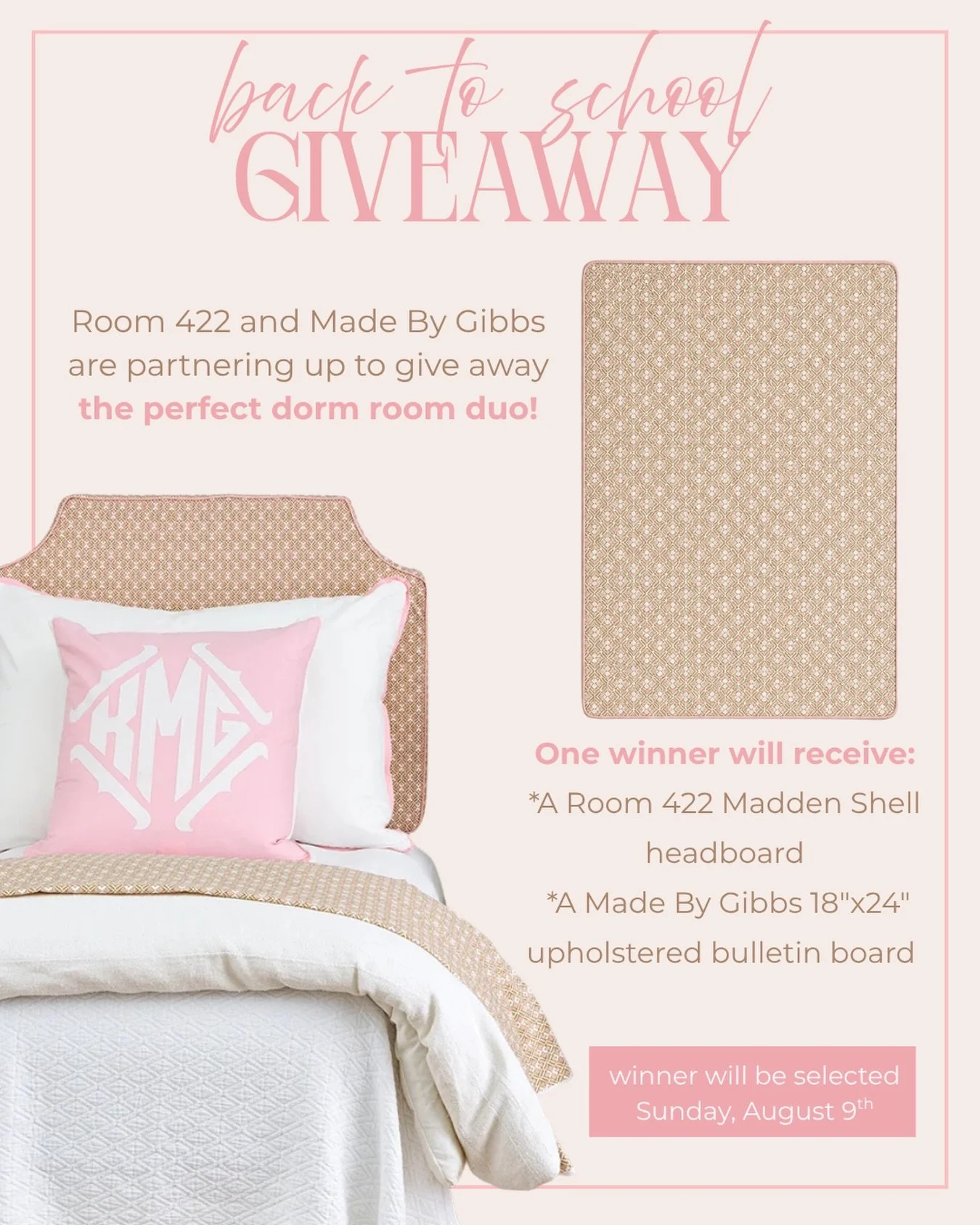 @room.422 and I are collaborating to gift one lucky winner this perfect dorm room pairing! 🤍

One winner will receive:
- A Foam Twin Headboard from @room.422 
- A coordinating custom 18&rdquo;x24&rdquo; bulletin board from @madebygibbs 

To enter:
&