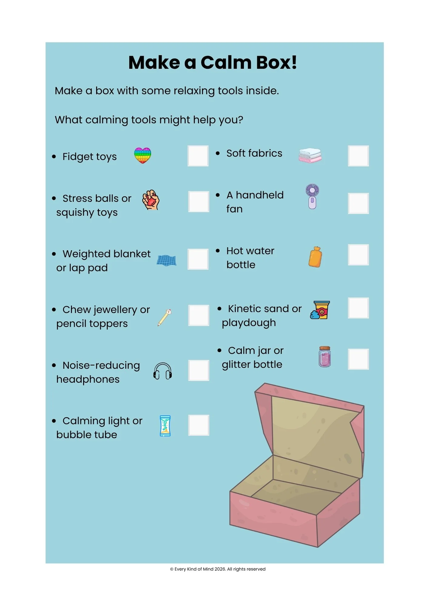 A guide with a blue background titled 'Make a Calm Box!' showing a list of calming tools with checkboxes and corresponding icons, and an illustration of an empty pink box at the bottom.