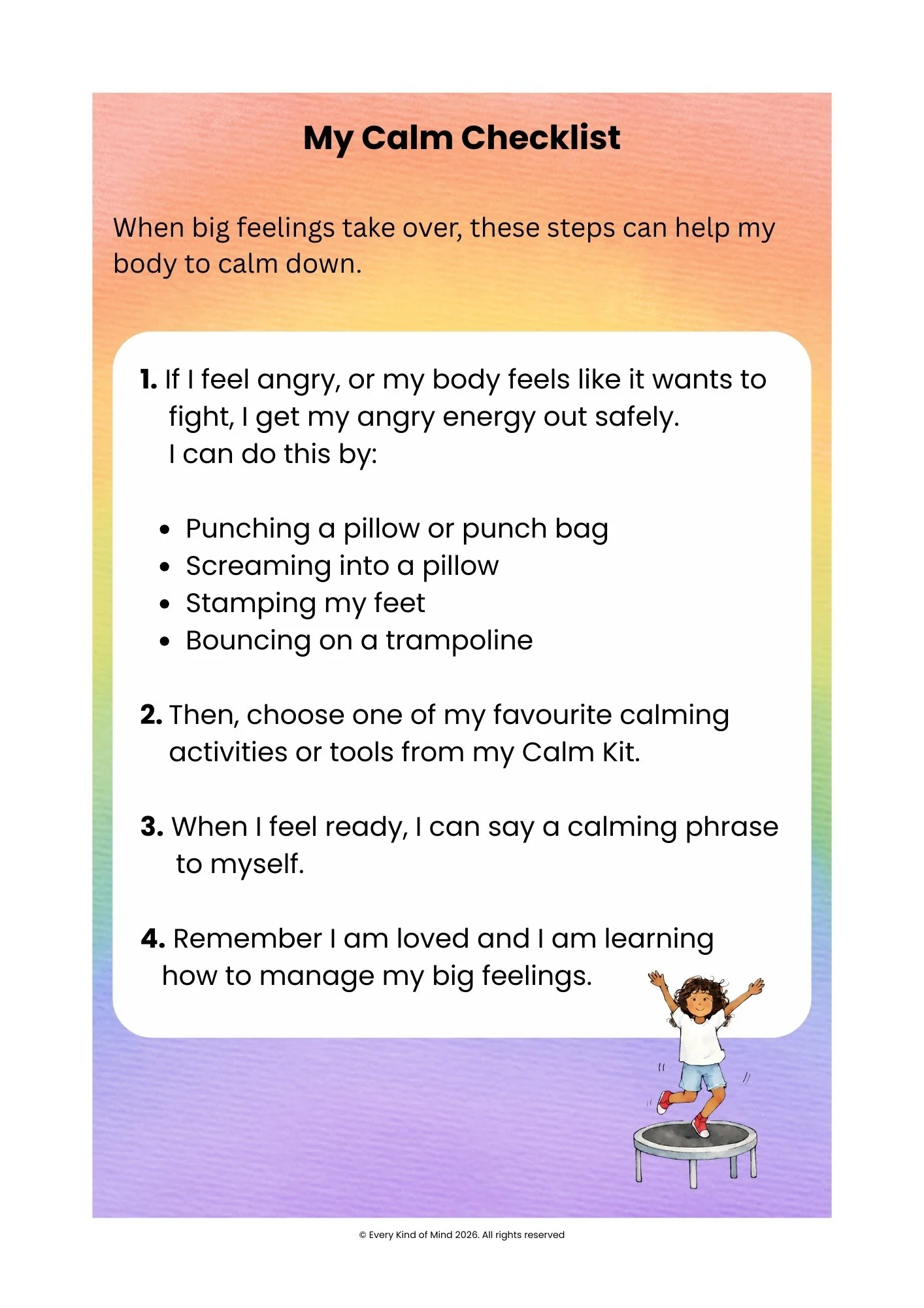 A calm checklist titled 'My Calm Checklist' with steps for managing big feelings, including breathing activities and calming phrases, helping to regulate emotions