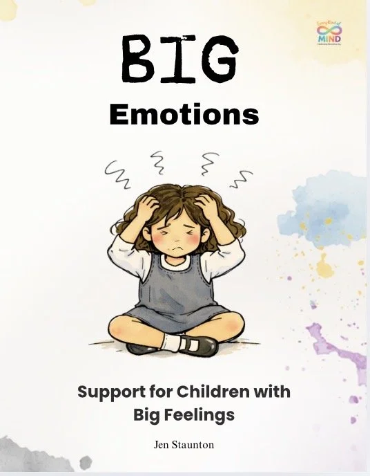 Book cover titled 'Big Emotions' with an illustration of a young girl sitting on the floor, holding her head with a distressed expression, surrounded by scribbles representing frustration or anger. Subtitle reads 'Support for Children with Big Feelings' by Jen Staunton.