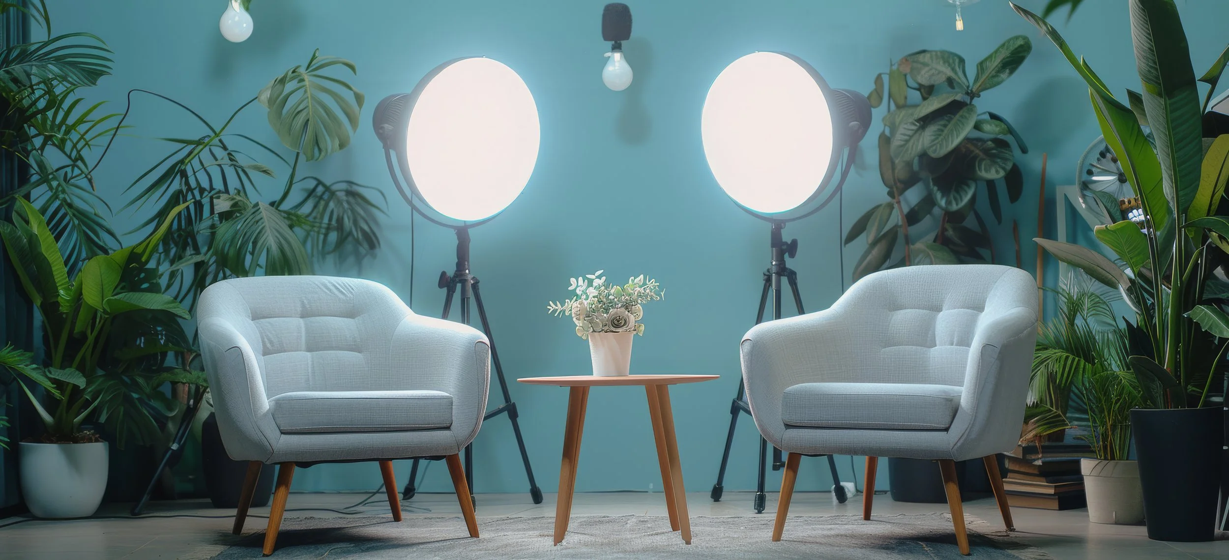 A cozy indoor setting with two white armchairs facing each other, a small round wooden table with a flower vase in the center, two large studio lights behind them, surrounded by green potted plants, and a blue wall in the background.