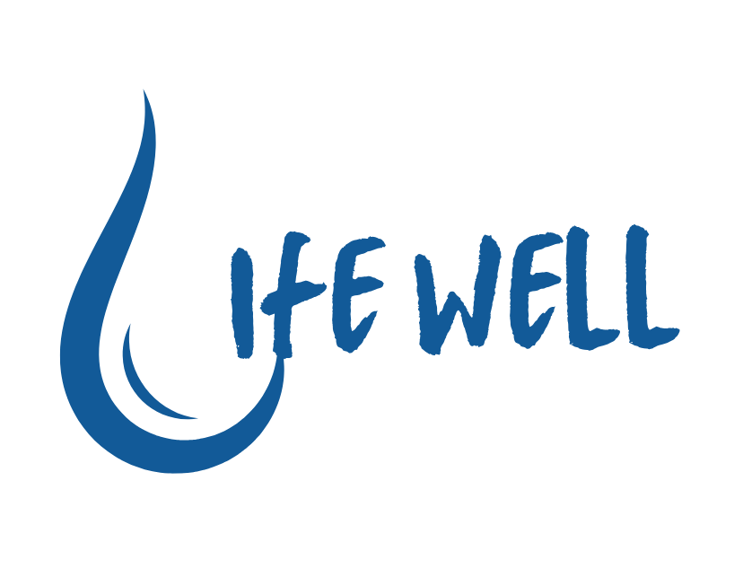 Logo with a blue water droplet and the words "Life Well" written in blue text.