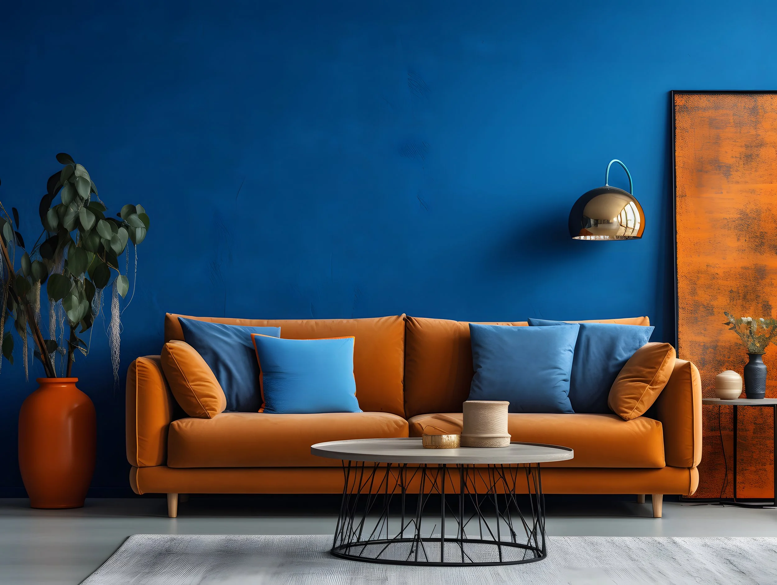 Modern living room with a blue wall, orange sofa, and blue pillows, featuring a black wire coffee table, large potted plant, black wall-mounted lamp, and orange and black wall art.