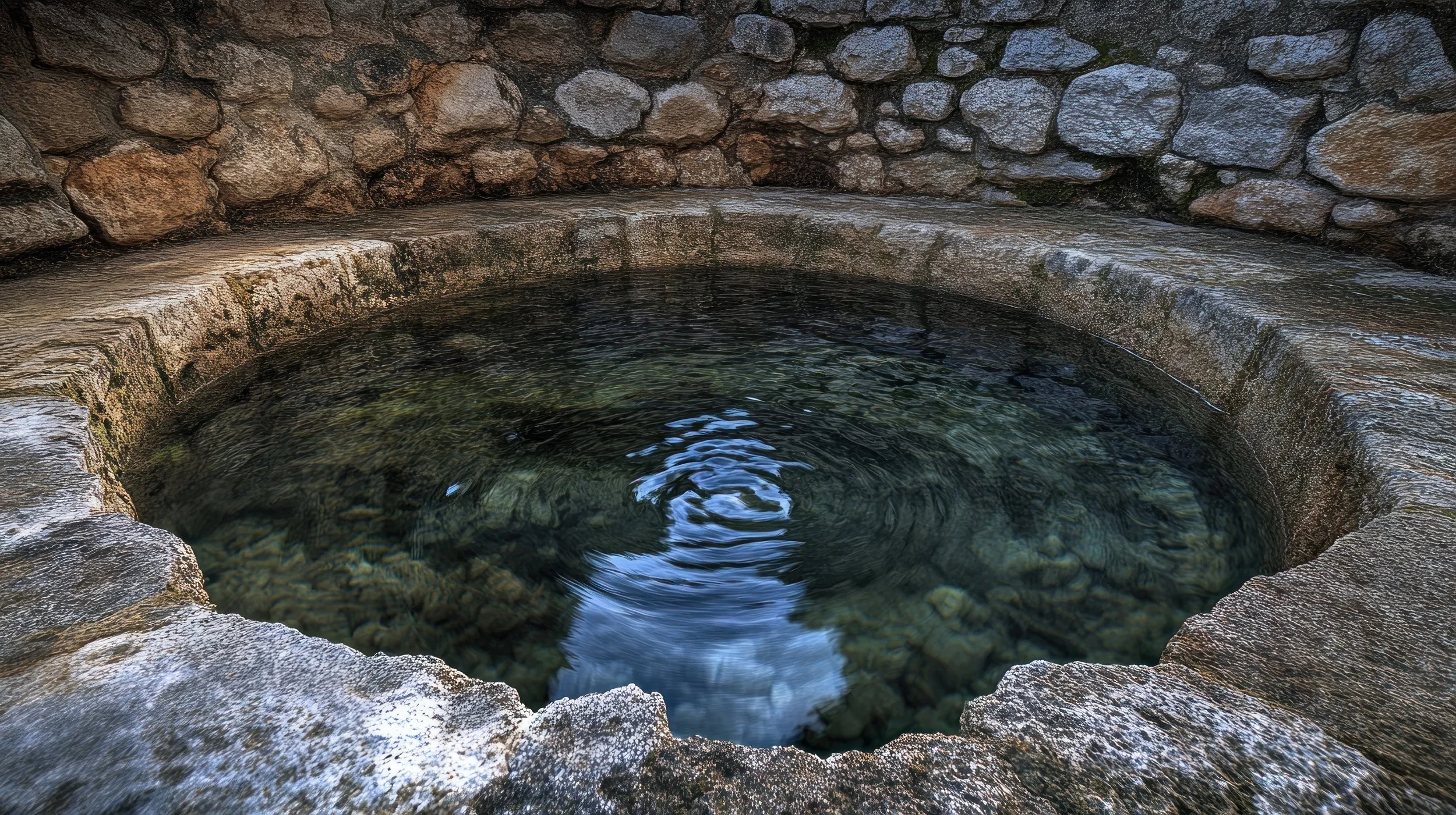 A stone well filled with clear water, surrounded by a stone wall with a curved stone edge