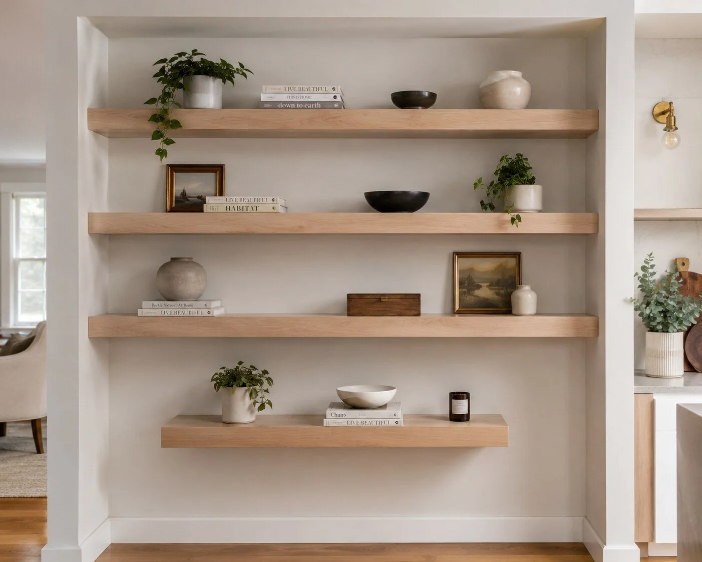 Custom solid wood floating shelves in a built-in alcove