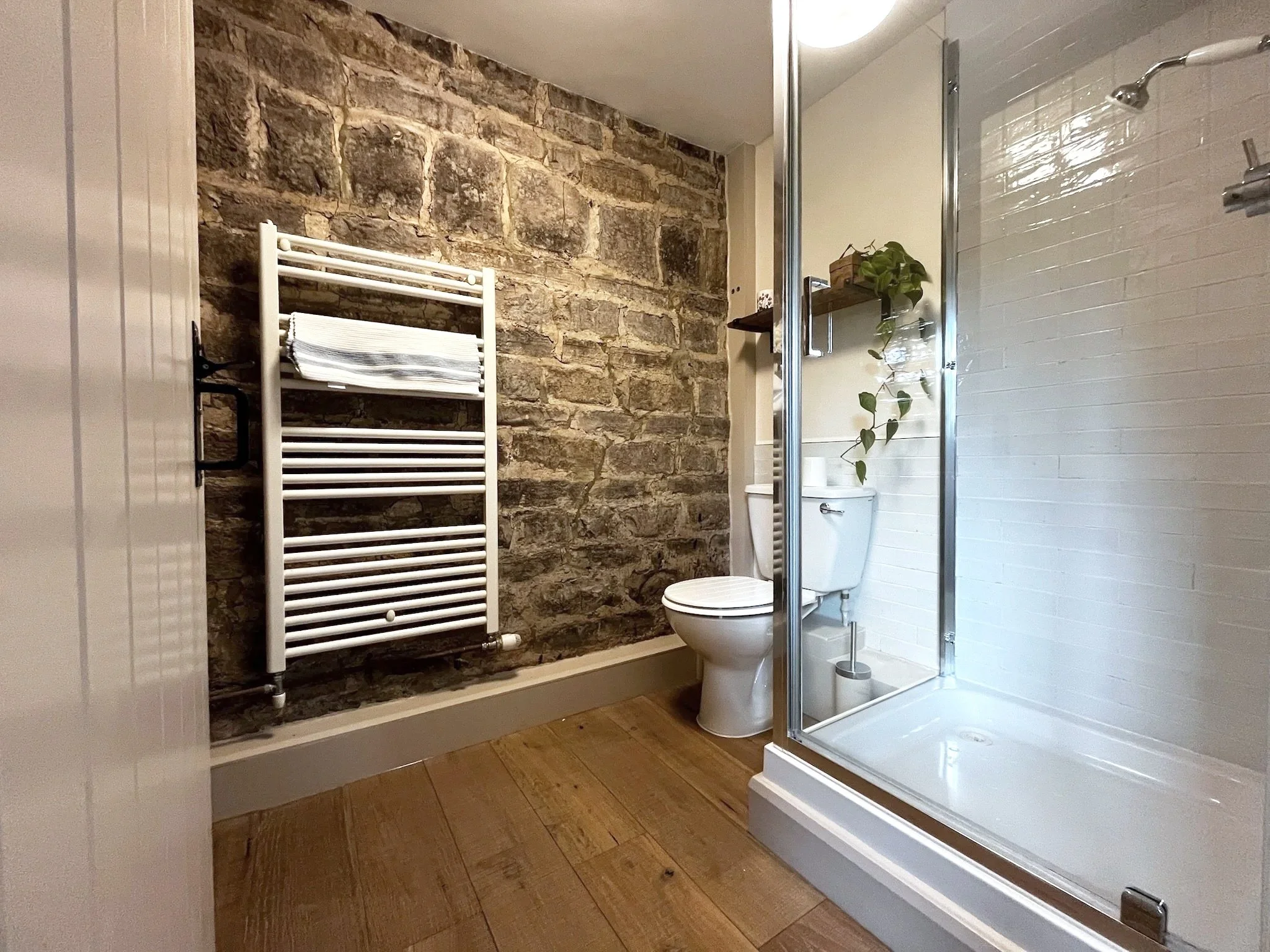 A bathroom with a stone accent wall, a white heated towel rack with towels, a glass shower enclosure, a toilet, and some plants and shelves for decor.