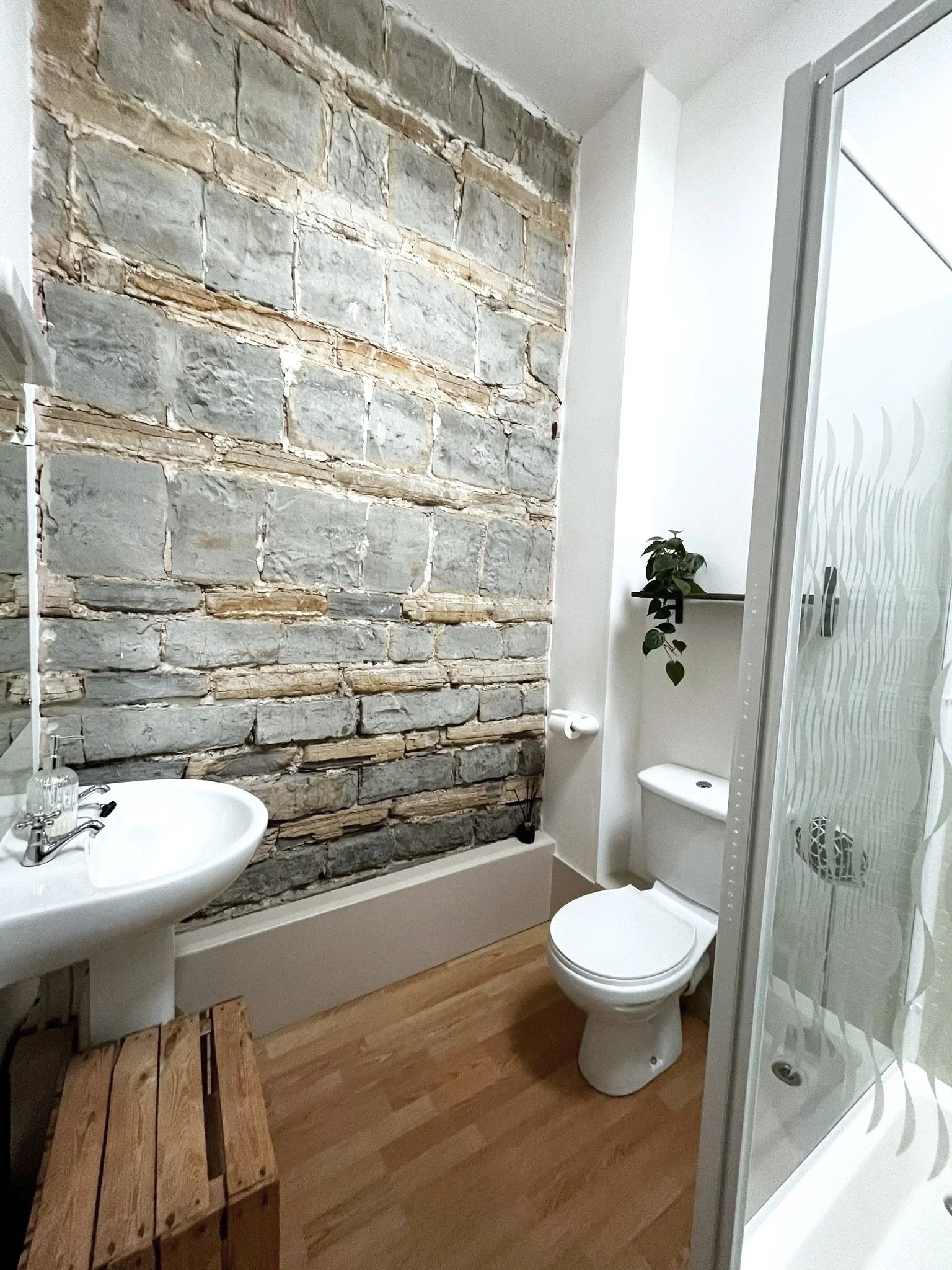 A small bathroom with a rustic stone accent wall, white fixtures including a sink and toilet, a shower stall with frosted glass, a potted plant on a white shelf, and a wooden bench on a light wood floor.