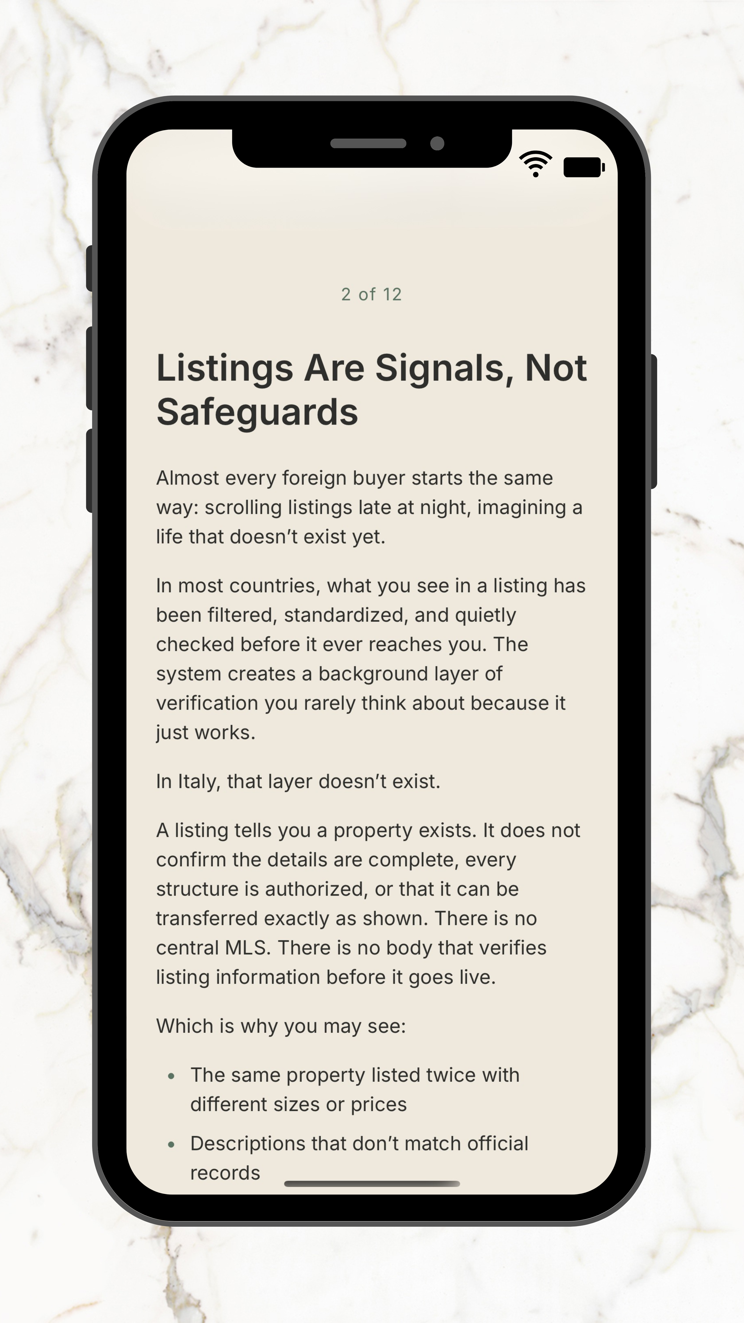 A smartphone displaying a text article titled "Listings Are Signals, Not Safeguards" on a white background with gray marble surface.