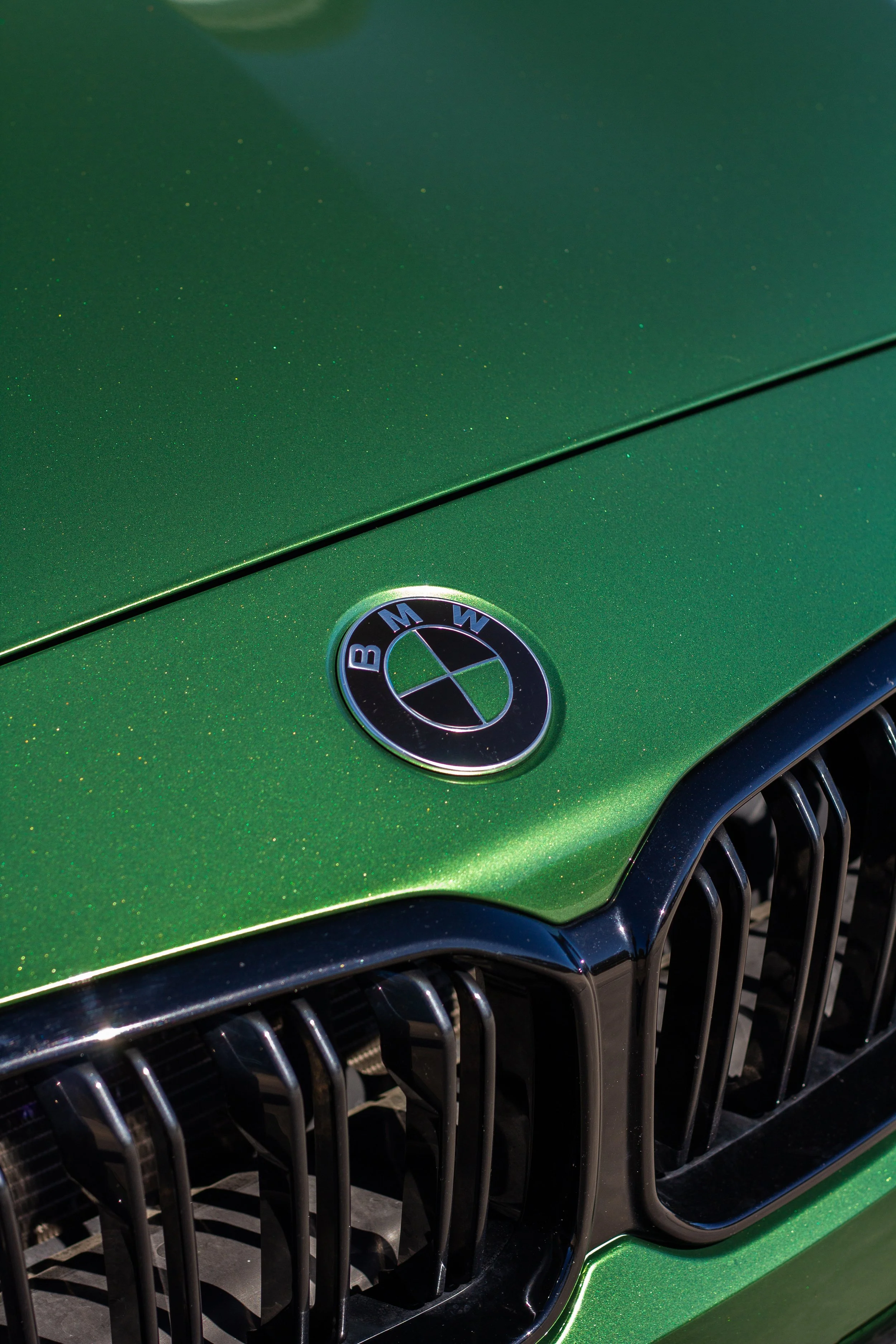 Primer plano de la parrilla frontal de un automóvil con el logotipo de BMW en un capó verde metálico.