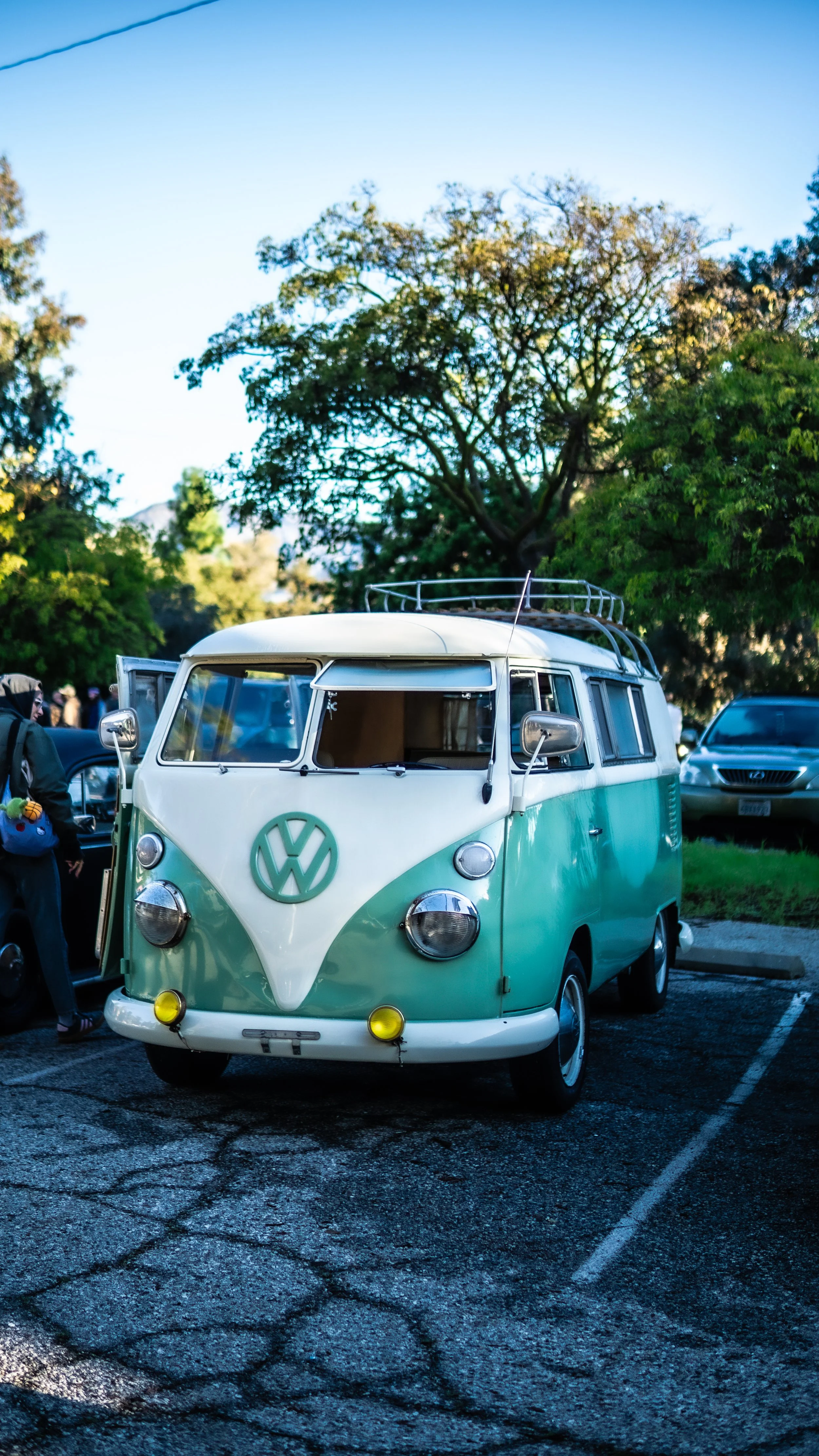 Una furgoneta clásica Volkswagen de color verde y blanco estacionada en un parque con árboles y otras autos al fondo.