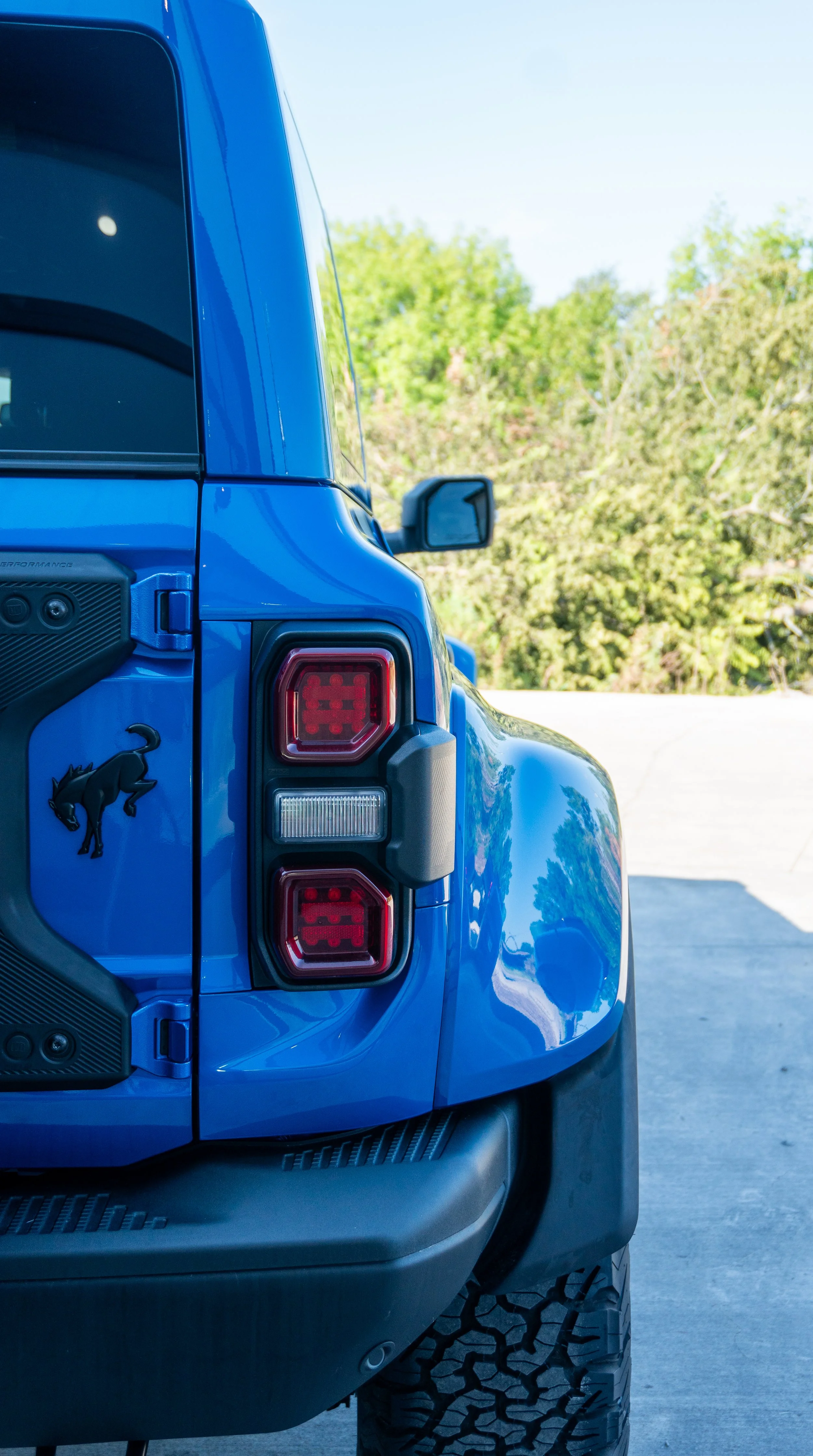 La parte trasera de un vehículo azul, con luces traseras, una insignia de un animal y un espejo retrovisor contra un fondo de árboles y cielo claro.