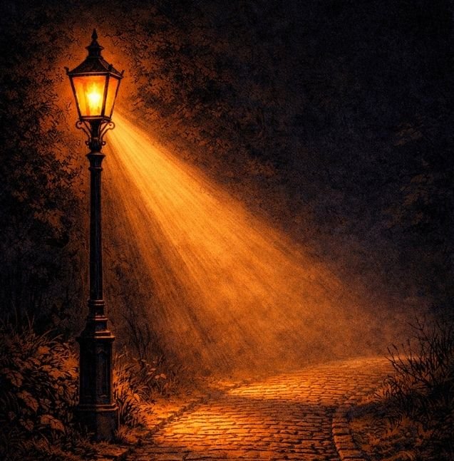 A vintage streetlamp illuminating a cobblestone pathway at night with warm light.