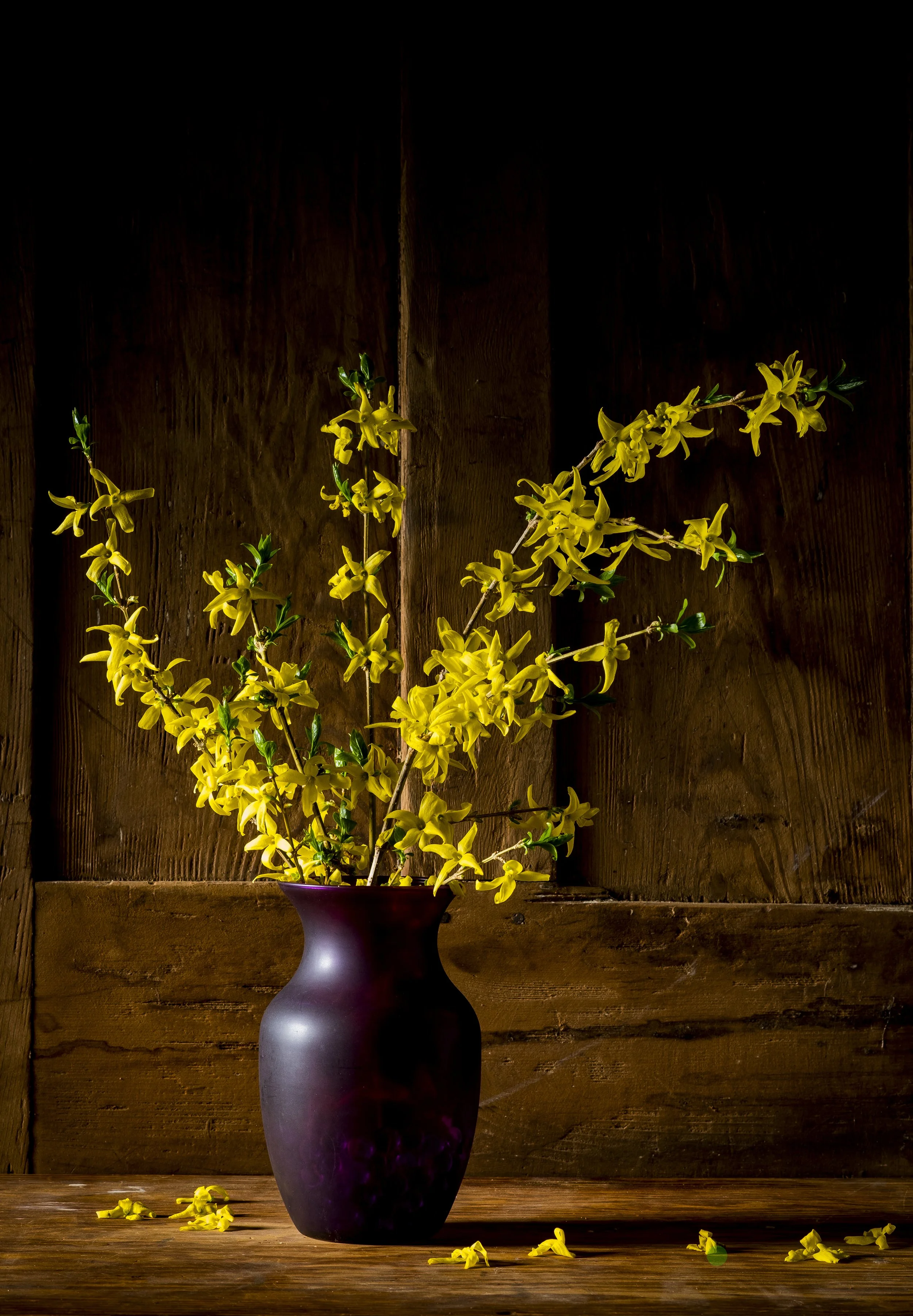 A dark purple vase with a matte finish holding yellow flowers with long stems and green leaves, set on a rustic wooden surface against a wood-paneled background. Some yellow flower petals are scattered on the surface.