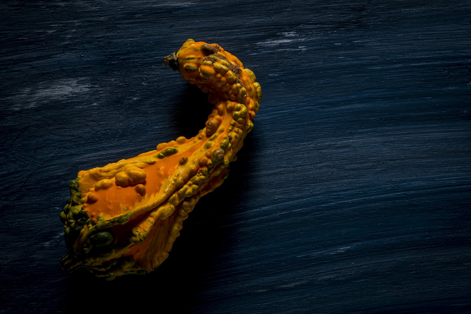 A close-up of a yellow and orange gourd with bumpy texture on a dark wooden surface.