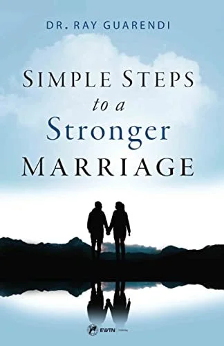 Book cover titled 'Simple Steps to a Stronger Marriage' by Dr. Ray Guarendi, featuring a silhouette of a couple walking hand in hand near a body of water with mountains in the background.
