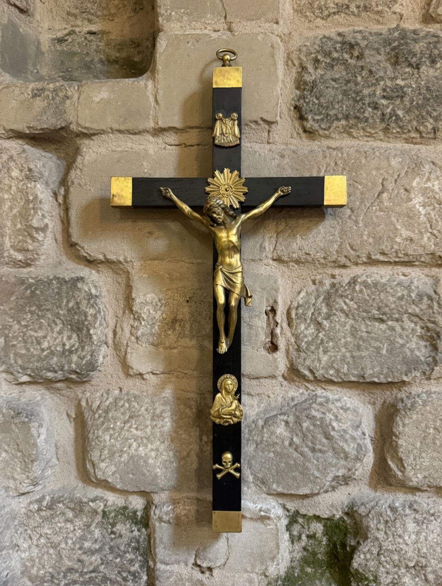 A crucifix with a gold and black finish, mounted on a stone wall, depicting Jesus Christ on the cross with various religious symbols.
