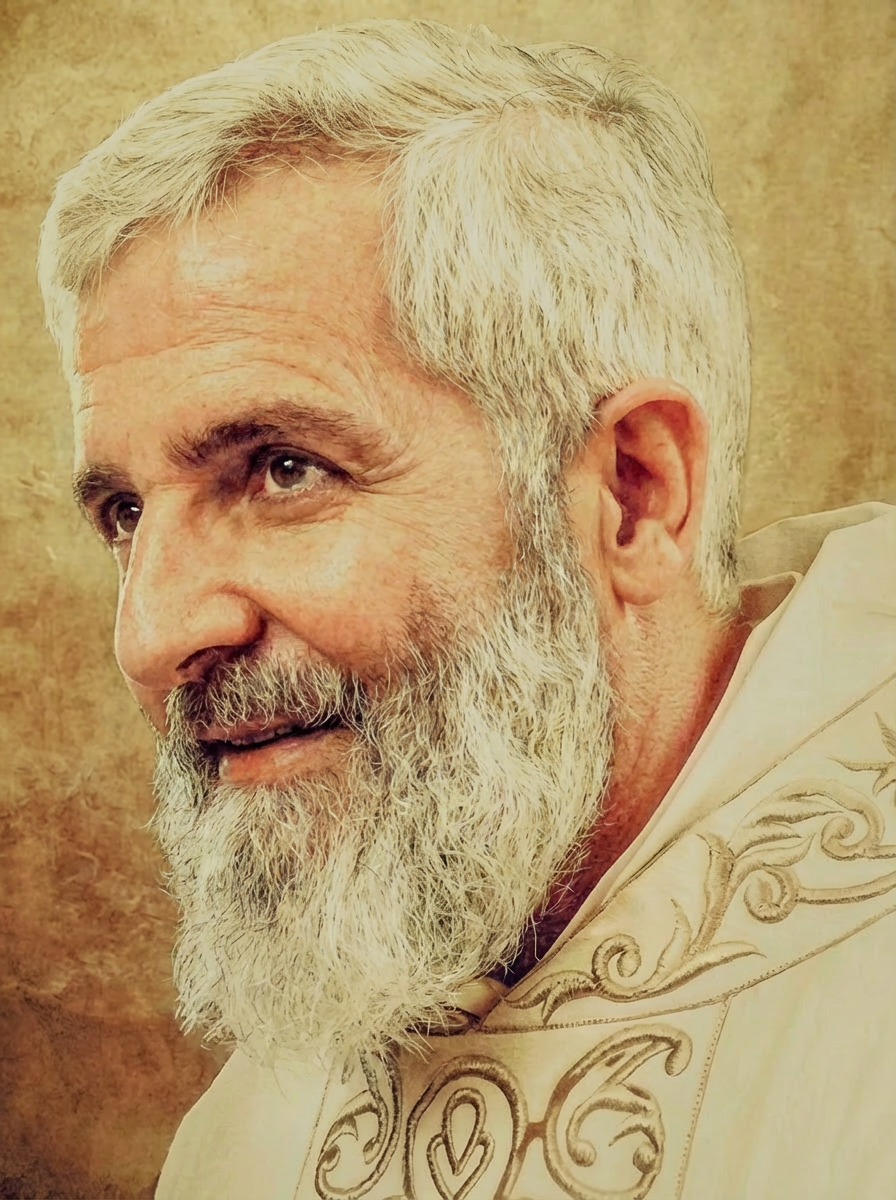 Close-up of an elderly man with a white beard, grey hair, and wearing a cream-colored garment with decorative embroidery, looking to the side with a gentle expression.